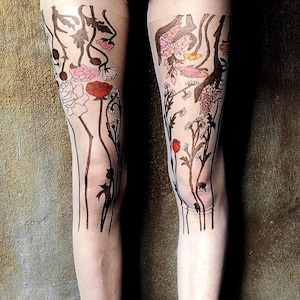 Tattoo tights with colorful wildflowers on legs, boho hippie pantyhose