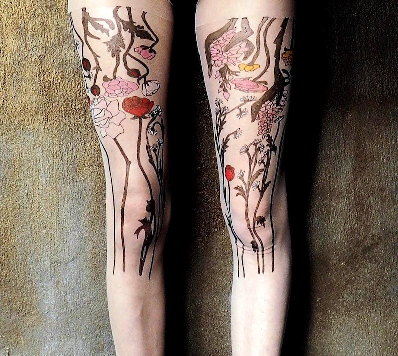 Tattoo tights with colorful wildflowers on legs, boho hippie pantyhose