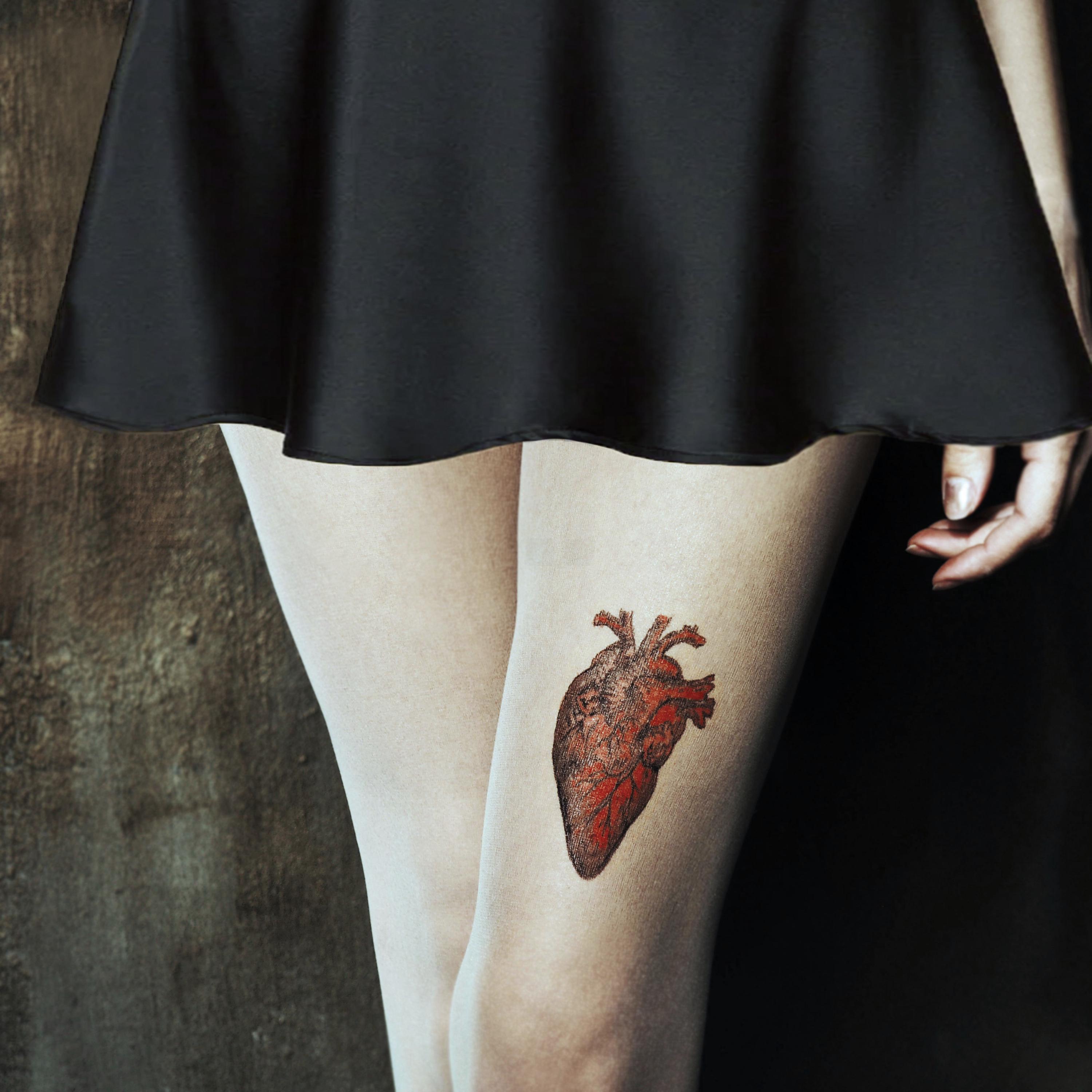 Hand-Painted Anatomical Heart Tattoo Tights: Gothic Sheer Stockings