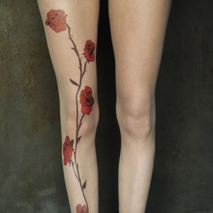 Red Rose Tattoo Tights, original hand-painted garden rose on pantyhose image 2