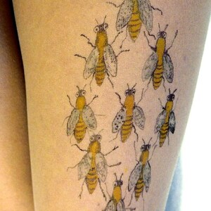 sheer pantyhose with detailed bee pattern, nature inspired stocking for everyday outfits and unique styling