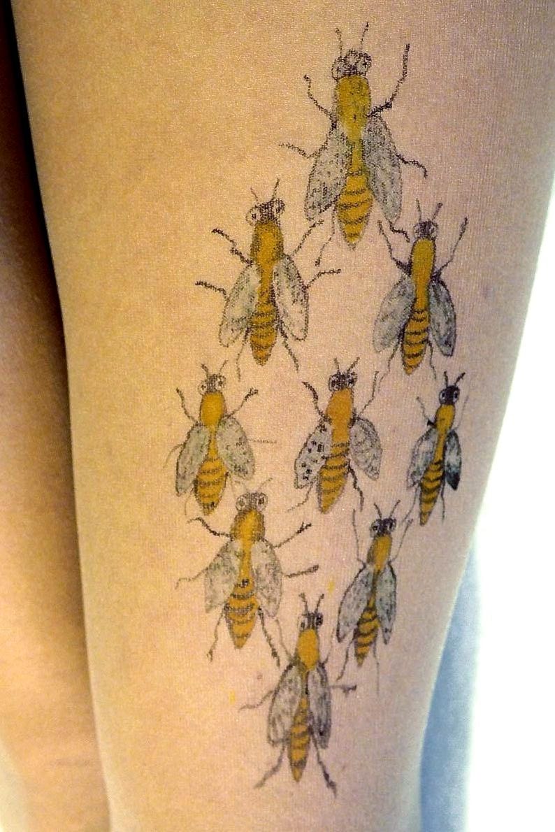 sheer pantyhose with detailed bee pattern, nature inspired stocking for everyday outfits and unique styling
