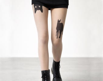 Medias góticas Y2K con diseño de gato negro pintadas a mano