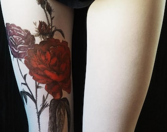 Tattoo tights - floral, roses, botanical art, hosiery