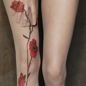 Red Rose Tattoo Tights, original hand-painted garden rose on pantyhose image 3