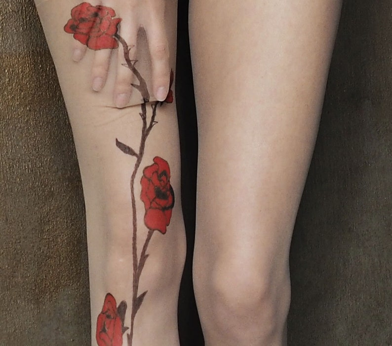 Red Rose Tattoo Tights, original hand-painted garden rose on pantyhose image 3