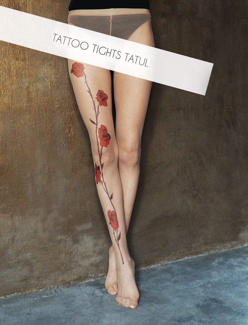 Red Rose Tattoo Tights, original hand-painted garden rose on pantyhose image 1