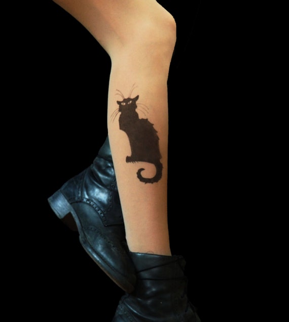 Chat Noir Cat Tattoo Tights Etsy