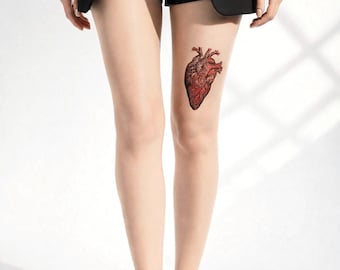 Heart Tattoo Tights, Hand Painted Anatomical Gothic Sheer Stockings