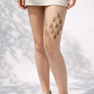 bee print tights, nature inspired pantyhose for everyday outfits and unique styling