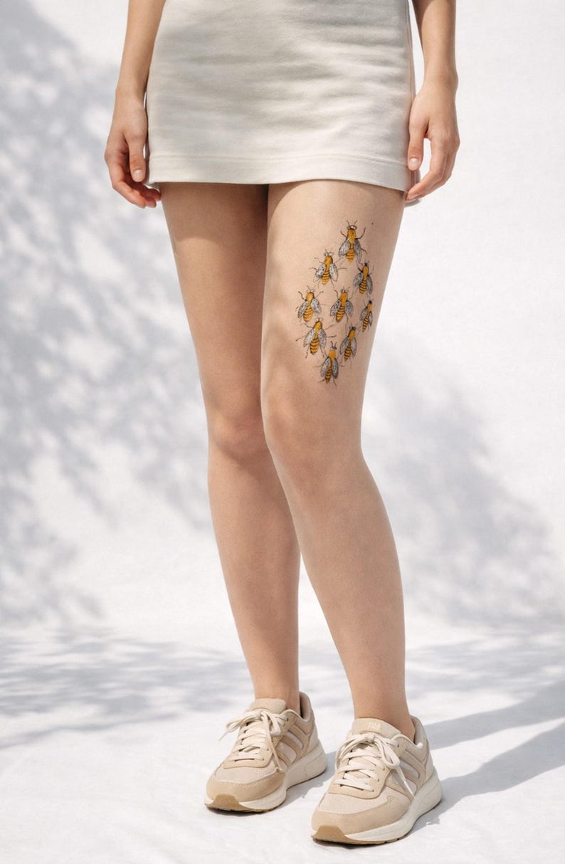 bee print tights, nature inspired pantyhose for everyday outfits and unique styling
