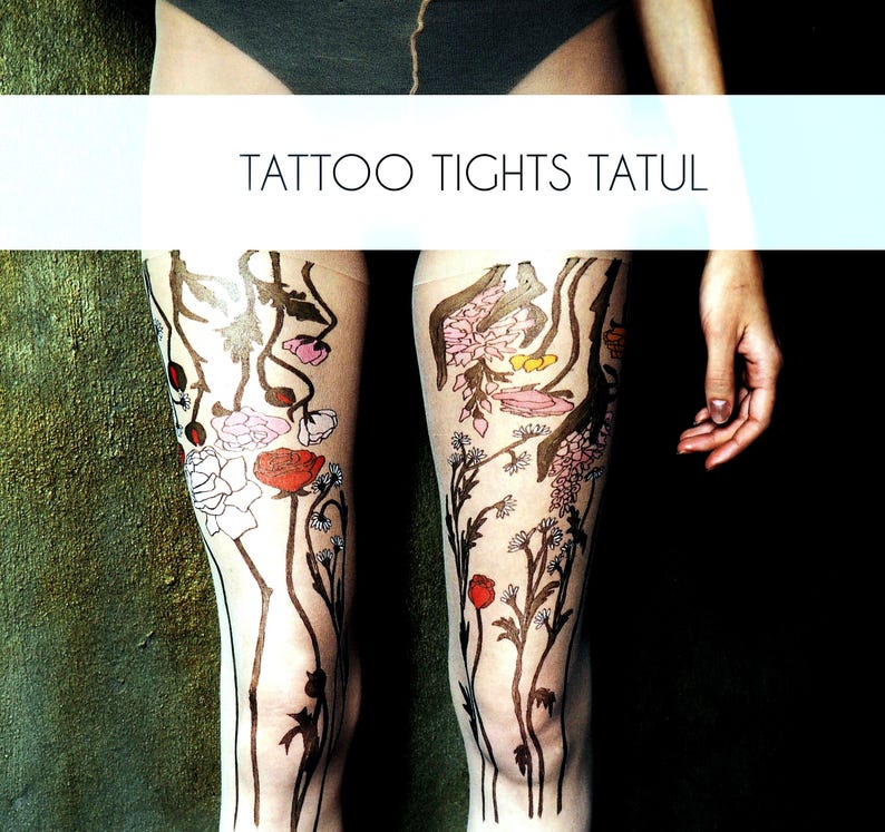 Pattern tights with colorful wildflower design on legs features flowers and leaves with pink, red, and yellow accents.