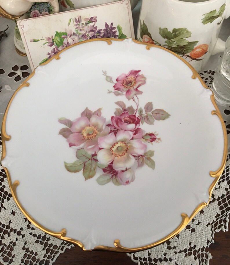 Wild Rose Vintage Bavaria Germany Pedestal Dish Golden Crown E&R 1886