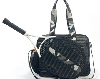 Tennis bag Puffy Black with silver/black strap w/free embroidery fits 105 or less