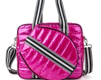 Neoprene Hot Pink Puffy Tennis Bag with free embroidery fits 105 or less