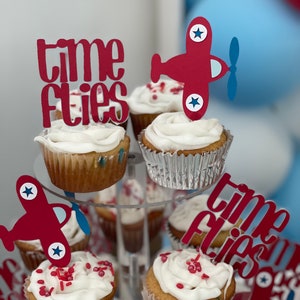 Time Flies Cupcake toppers, Airplane theme party, Airplane Baby Shower, Time Flies First Birthday Party, Kids Airplane Birthday Party