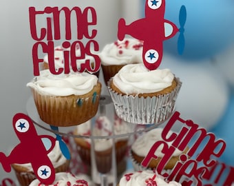 Time Flies Cupcake toppers, Airplane theme party, Airplane Baby Shower, Time Flies First Birthday Party, Kids Airplane Birthday Party
