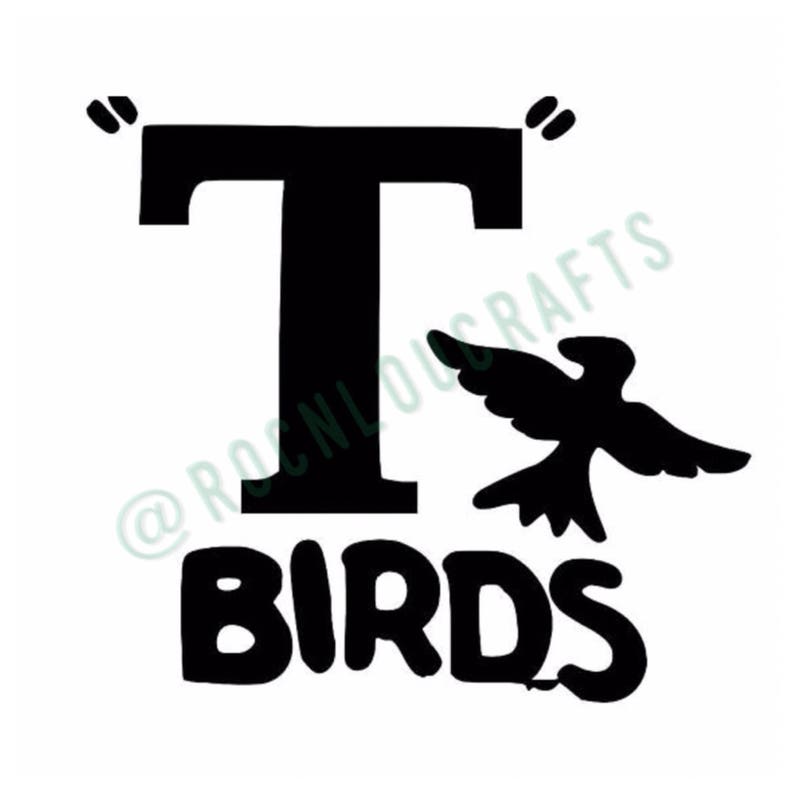 May include: Black and white silhouette design of a capital letter T with a bird flying to the right of the letter. The word "BIRDS" is written below the letter.