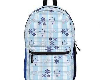 Mochila escolar infantil com estampa de castelo xadrez azul | Mochila escolar infantil com estampa floral e laço