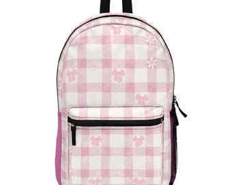 Mochila rosa com estampa de margaridas em xadrez vichy | Mochila escolar com estampa floral
