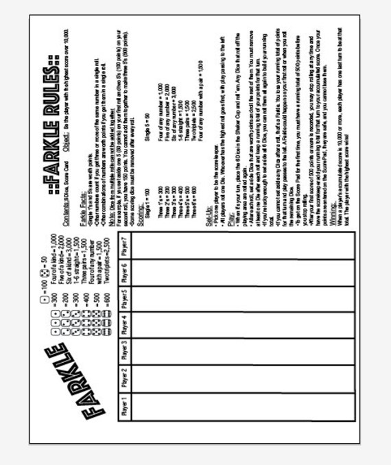 PDF 11x17 Farkle And Rules One Page Instant Download Print Etsy