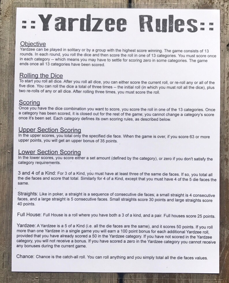 Yardzee Printable Template Rules Yardzee Printable Template Rules