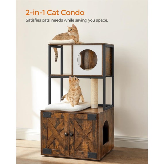 Unique Cat Climbing Tree With Litter Box Enclosure Brown Wood