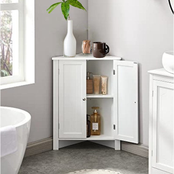 White Storage Corner Cabinet For Small Bathroom