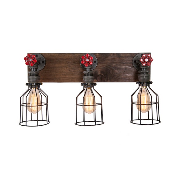 Rustic Wood Vanity Light With Metal Cage Pendants Farmhouse Etsy