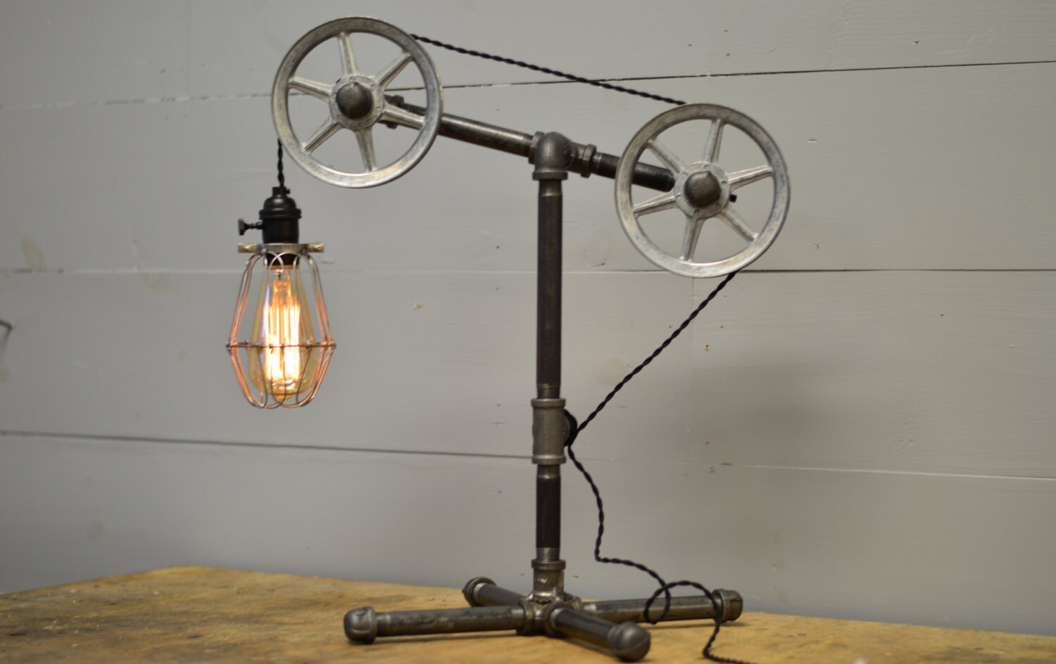 Industrial Table Lamp Table Light Pulley Light Etsy