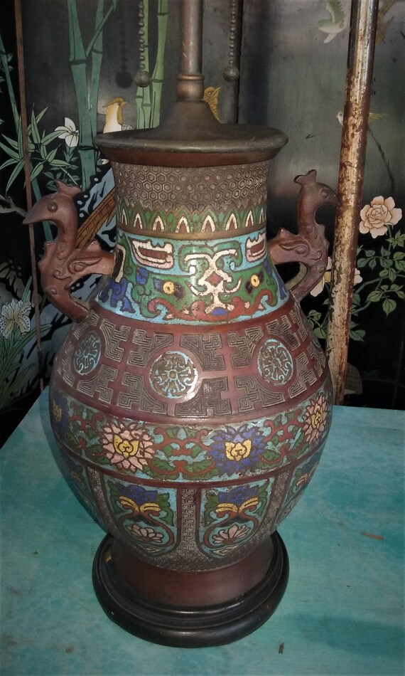 Antique Asian Bronze Champleve Cloisonne Enamel Vase Lamp Etsy UK