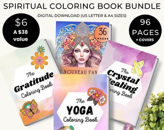 BUNDLE 96 spirituelle Malseiten für Erwachsene, 4 Malbücher, Kristallheilung, Yoga, Dankbarkeit, mystische Frauen, druckbarer digitaler Download