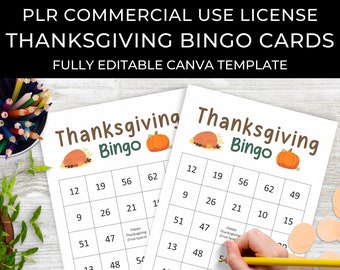 PLR Commercial Use 30 Thanksgiving Bingo Cards Canva Template, Editable Holiday Printable Party Games, Use at Home, in Classroom or Resell