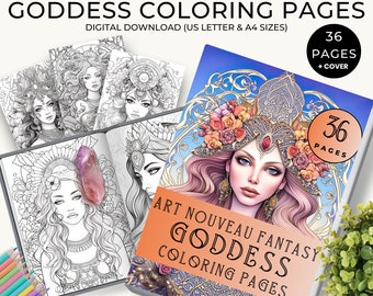 36 Art Nouveau Fantasy Goddess Greyscale Coloring Pages, Spiritual Adult Coloring Book, Printable Digital Download for Meditation Relaxation