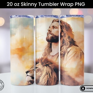 Christlicher Tumbler Wrap, Jesus mit Löwe Sublimation Design, Straight & Tapered Skinny 20oz Tumbler Design, 300 DPI sofortiger digitaler Download Bild 1