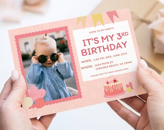 Personalized Photo All Ages Birthday Invitation, DIY Canva Template Printable Card Instant Download, Fully Editable, Girls First Birthday