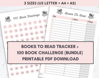 Books I Want To Read Tracker & 100 Book Challenge Printable Bundle, Reading List Log, Digital Download PDF, Book Lovers Checklist