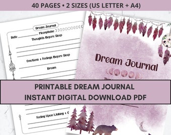 Guided Dream Journal Printable Notebook, Instant Digital Download PDF in US Letter + A4 Sizes, Self Care Dream Interpretation for Planner