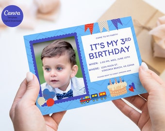 Personalized Photo All Ages Birthday Invitation, DIY Canva Template Printable Card Instant Download, Fully Editable, Boys First Birthday