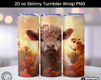 Fall Highland Cow Tumbler Wrap, Baby Highland Cow Tumbler Design, Straight & Tapered Skinny 20oz Sublimation Design, Digital Download PNG