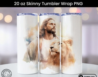 Jesus with Lion Tumbler Wrap, Seamless Sublimation Design, Straight & Tapered Skinny 20oz Tumbler Design, 300 DPI Instant Digital Download