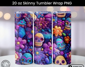 3D Floral Conchas Cookie Sugar Skull Sublimation Design, Straight 20oz Skinny Tumbler Wrap PNG, Seamless High Res 300 DPI Digital Download