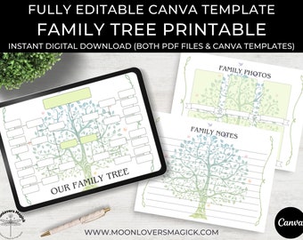 EDITABLE Family Tree Template PDF, Canva Family Tree Print Out, Digital Download Printable, Family Genealogy Chart Worksheet for Kids Adults