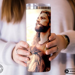 Christlicher Tumbler Wrap, Jesus mit Löwe Sublimation Design, Straight & Tapered Skinny 20oz Tumbler Design, 300 DPI sofortiger digitaler Download Bild 2