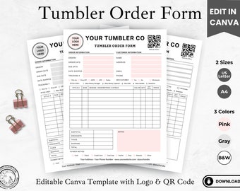 EDITABLE Tumbler Order Form Canva Template, Small Business Order Form with QR Code and Logo, Fully Customizable Printable Digital Download