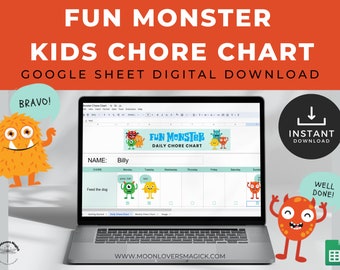Fun Monster Kids Chore Chart Template Google Sheets, Google Sheets Chore Chart Spreadsheet Tracks Daily & Weekly Chores, Digital Download