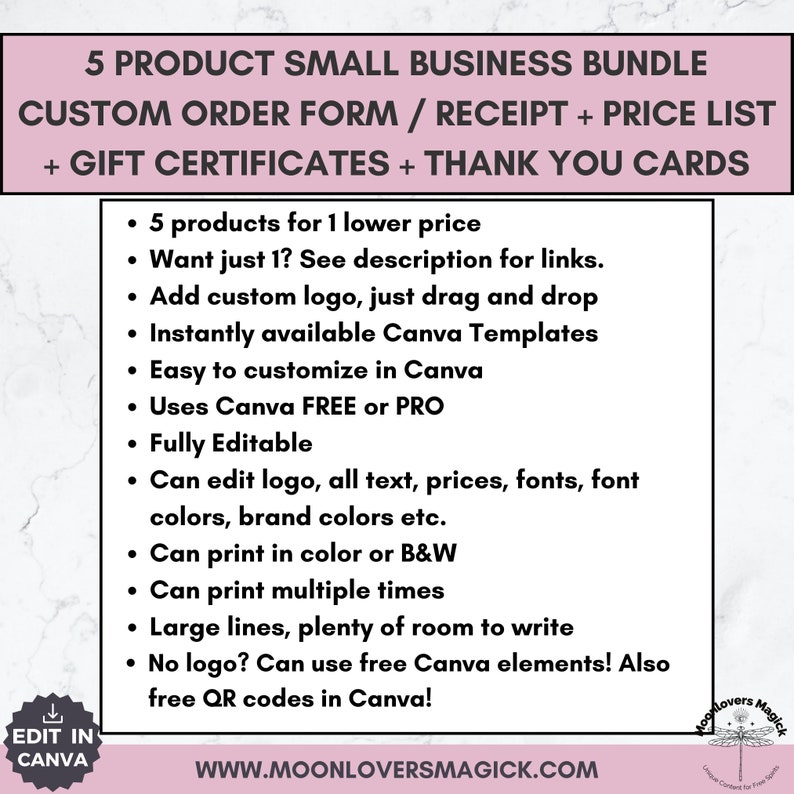 Custom Logo Order Form, Order Receipt, Price List, Gift Certificate, Thank You Card Canva Template Bundle Small Business Editable Printables image 8