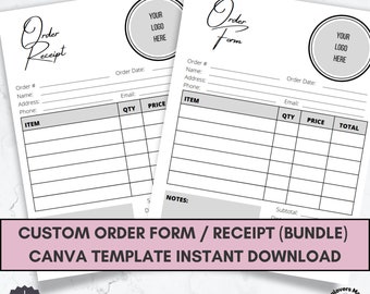 Custom Order Form Template + Order Receipt, Canva Template Bundle, Small Business Instant Access Printable Download, Editable & Customizable