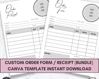 Custom Order Form Template + Order Receipt, Canva Template Bundle, Small Business Instant Access Printable Download, Editable & Customizable