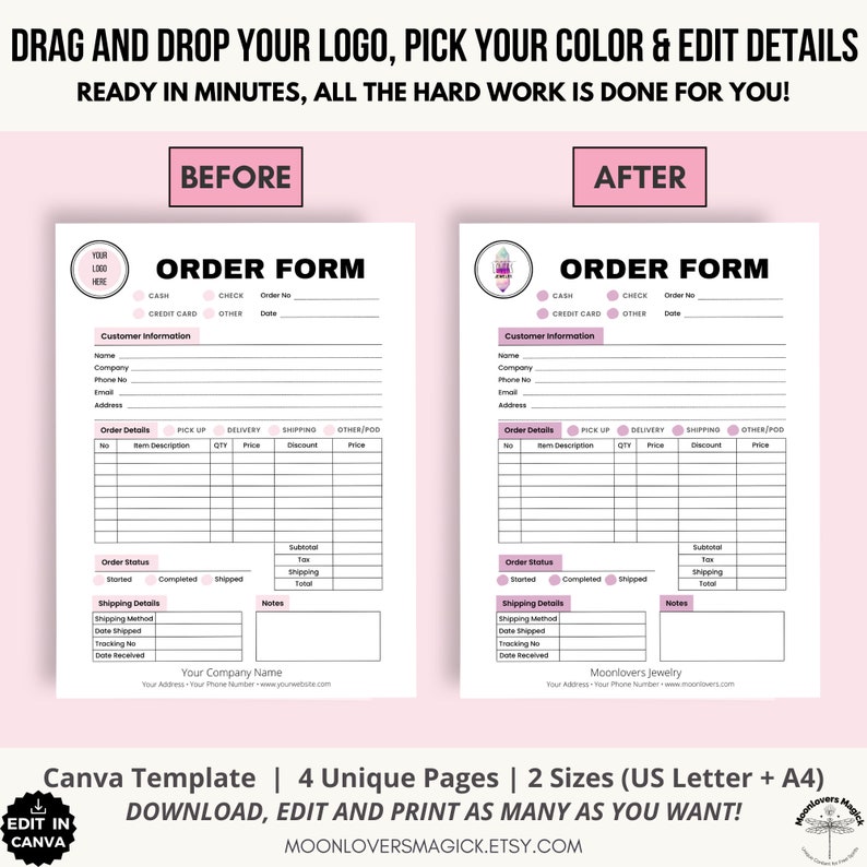 Logo Custom Order Form Template, Order Tracker, Order Receipt Canva Template Bundle, Small Business Printable, Fully Editable & Customizable image 3